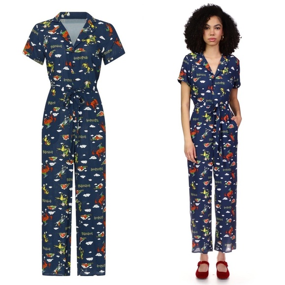 HVN Western Rodeo Print Short Sleeve Button Up Tie Waist Ankle Crop Jumpsuit 12 - Picture 7 of 12